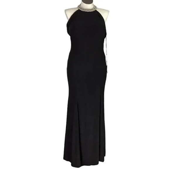 IEENA Mac Duggal Womens 12 Beaded Halter Jersey Maxi Gown Dress Black NEW - Picture 1 of 12